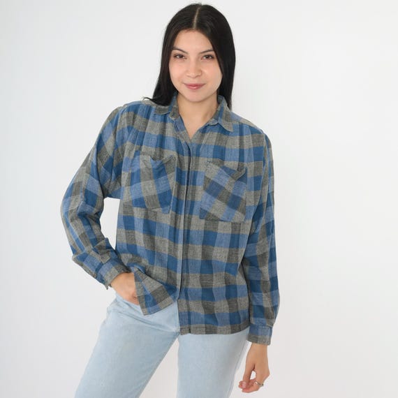 Vintage Buffalo Plaid Shirt 90s Button up Blouse Blue Grey Retro Checkered Long Sleeve Boyfriend Top Pocket Cotton 1990s Oversized Small