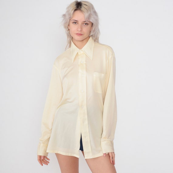 Vintage Pale Yellow Shirt 70s Disco Shirt Button up Dagger Collar Top Long Sleeve Blouse Retro Pastel Plain Basic Collared 1970s Large L