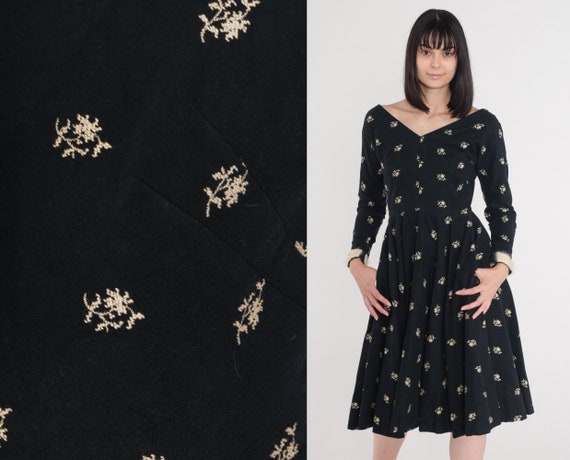 50s Party Dress Black Floral Embroidered Wool Midi Dress High Waisted Long Sleeve Hourglass Full Skirt Retro Formal Vintage 1950s Small S