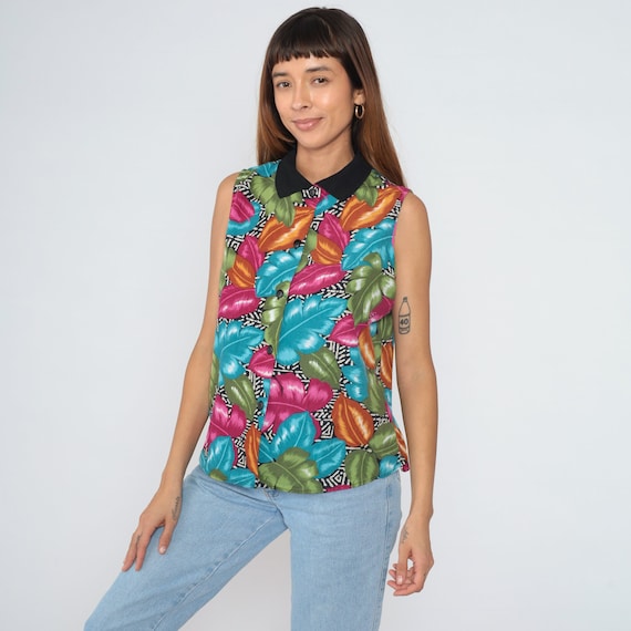 Tropical Tank Top 90s Button Up Shirt Colorful Abstract Leaf Print Blouse Sleeveless Collared Pink Blue Green Orange Vintage 1990s Large L