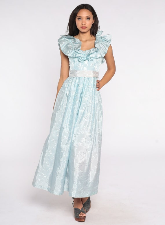 70s Prom Dress Baby Blue Floral Embossed Dress Boho Maxi Formal Party Ruffle 1970s Bohemian Vintage High Waist Sleeveless Extra Small xs