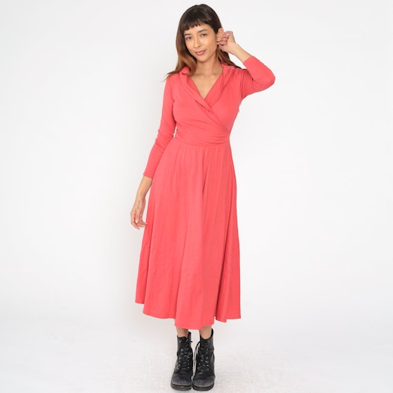 Coral Wrap Dress 90s Midi Dress Deep V Neck Pink Jersey High Waist Long Sleeve Surplice Neckline Plain Retro Party Vintage 1990s Small S