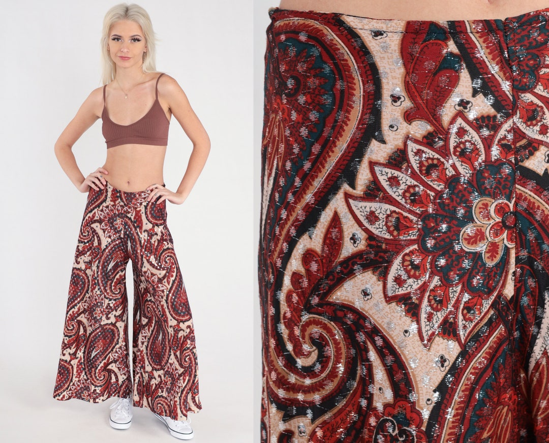 Paisley Bell Bottom Pants 70s Metallic Psychedelic Pants Bohemian
