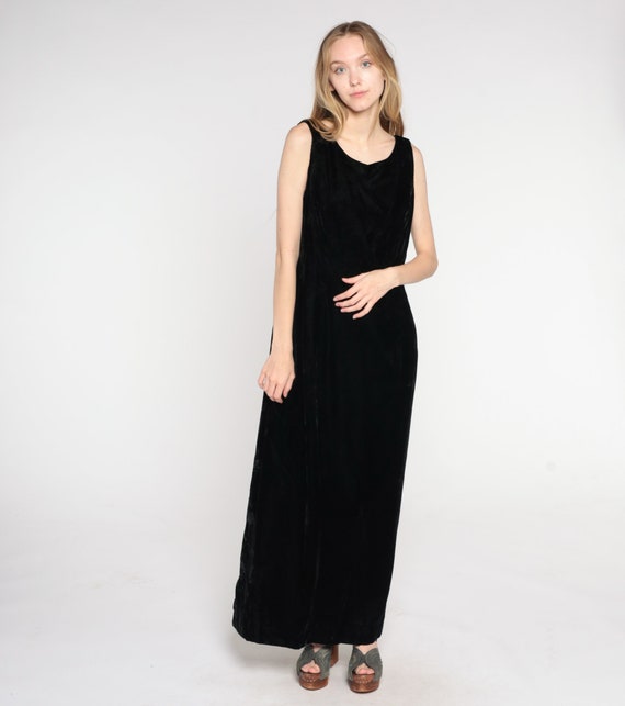 Vintage Black Velvet Gown 70s Maxi Dress Low Back Party Dress Ribbon Bow Boho Gothic Sexy Formal Long Dress Cocktail 1970s Large 12