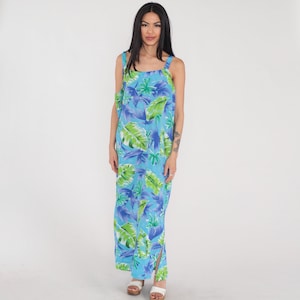 Robe longue hawaïenne des années 90 robe d&#39;été tropicale bleue feuille pourpre vert imprimé colonne d&#39;été sans manches Shift jour robe hippie vintage des années 1990 2xl xxl