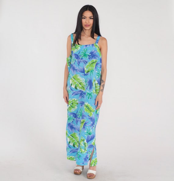 Hawaiian Maxi Dress 90s Blue Tropical Sundress Green Purple Leaf Print Sleeveless Summer Column Shift Day Dress Hippie Vintage 1990s 2xl xxl