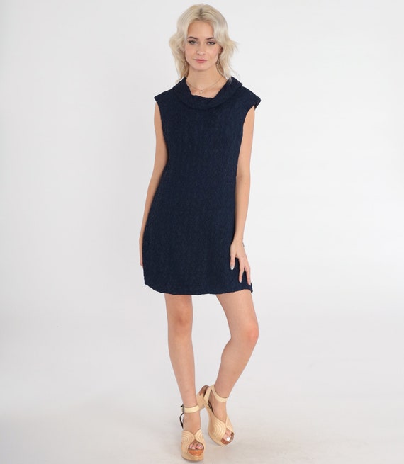 60s Shift Dress Mod Mini Dress Navy Blue Crinkled… - image 2