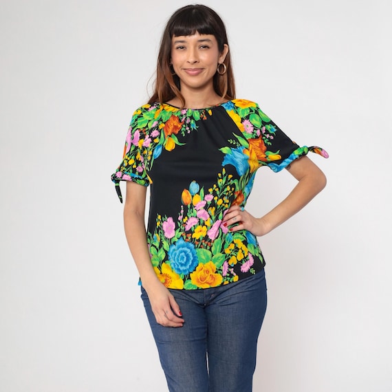 70s Black Floral Blouse Tie Sleeve Keyhole Cut Out Short Sleeve Shirt Bright Flower Print Top 1970s Vintage Retro Hippie Bohemian Small S