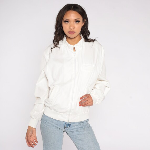 White Members Only Jacket 80s Cafe Racer Retro Zip Up Windbreaker Jacket Bomber Coat Lightweight Stranger Things Vintage 1980s Men's 38