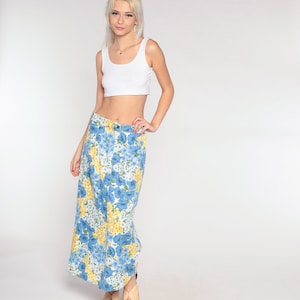90s Floral Skirt Blue Wrap Maxi Skirt Boho Skirt Flower Print 1990s Long Vintage Hippie Summer Yellow Festival Medium Large