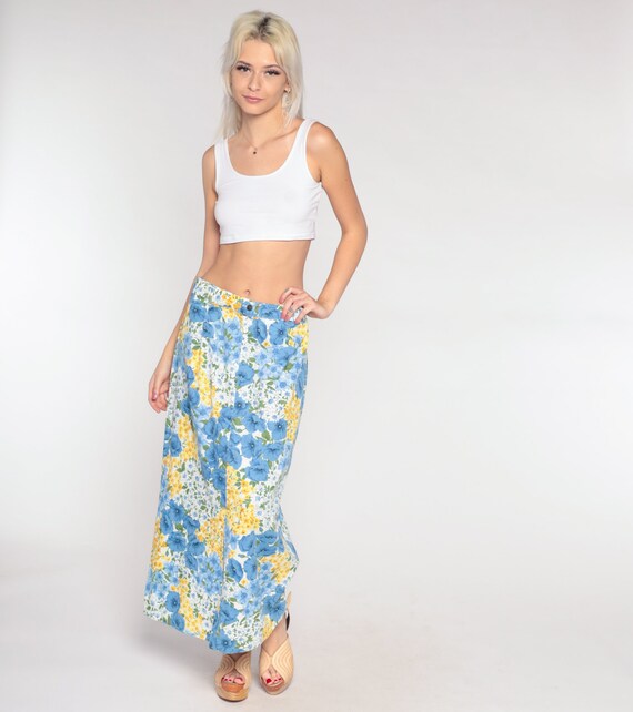 90s Floral Skirt Blue Wrap Maxi Skirt Boho Skirt Flower Print 1990s Long Vintage Hippie Summer Yellow Festival Medium Large