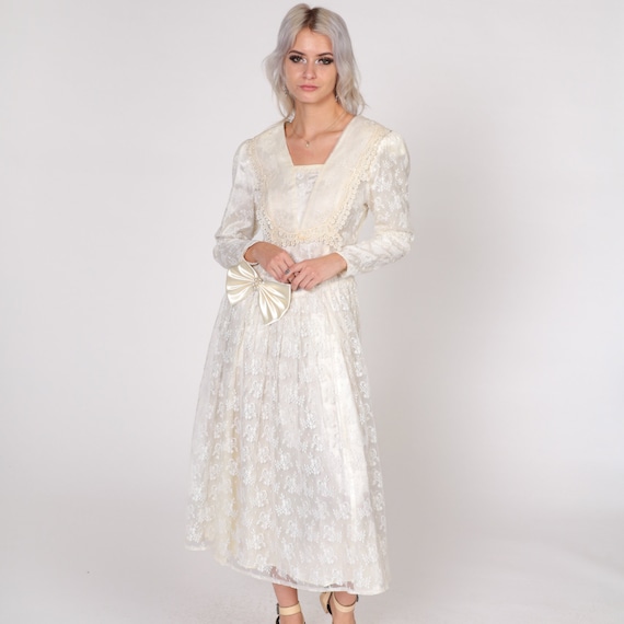 Gunne Sax Wedding Dress 80s Cream Lace Party Dress Victorian Floral Pearl Beaded Bow Long Puff Sleeve Boho Midi Vintage 1980s Small