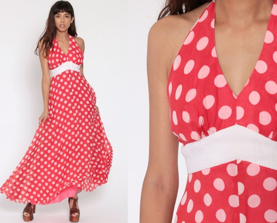 Polka Dot Maxi Dress 70s HALTER NECK 