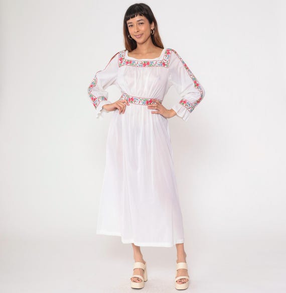 70s Peasant Nightgown Sheer White Pajama Dress Floral Embroidered Maxi Vintage Boho Nightgown Lingerie High Waist Bohemian Medium 38/40