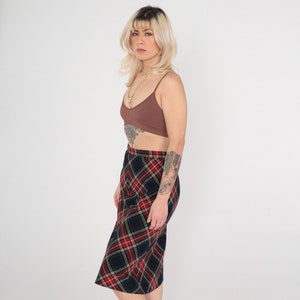 Wool Plaid Skirt 70s Tartan Skirt Midi Black Red School Girl High Waist Checkered Retro Vintage 1970s Lolita Small S image 3