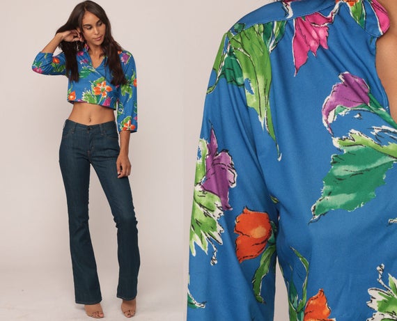 Floral Blouse 70s Shirt Boho Crop Top Bohemian House 1970s Vintage Blue Hippie Long Sleeve Small Medium