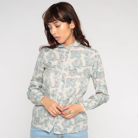 Paisley Blouse 80s Peter Pan Collar Button Up Shi… - image 4