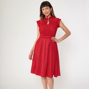 Vintage Red Keyhole Dress 70s Midi Dress Cap Sleeve Pleated High Waisted Retro Secretary Dress Simple Chic 1970s Disco Extra Small xs
