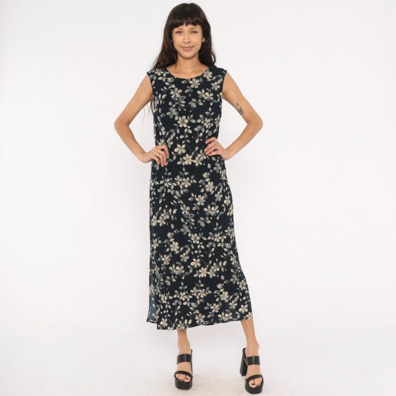 90s Floral Maxi Dress Navy Sleeveless Column Shift Tie Back Keyhole Cream Grey Flower Print Ankle Length Summer Tank Sundress Vintage Large