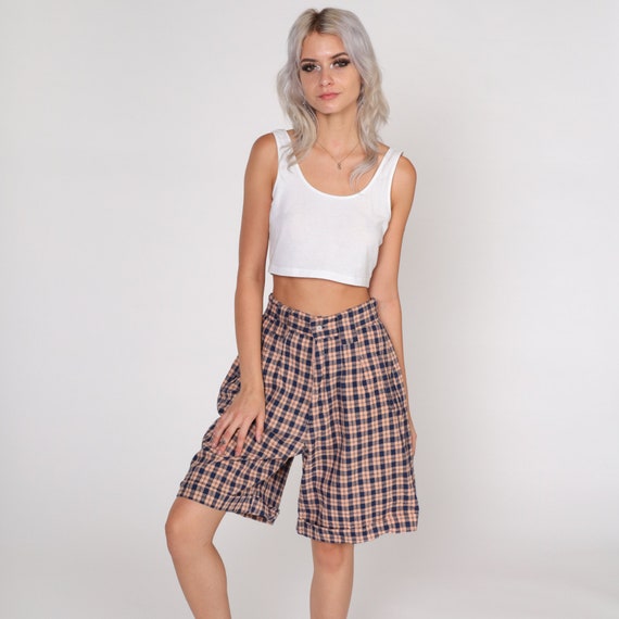 90s Plaid Shorts Pleated Trouser Shorts High Waisted Rise Cuffed Bermuda Shorts Knee Length Tomboy Retro Grunge Vintage 1990s Small S 27