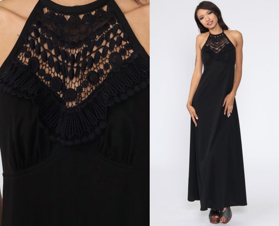 Black Maxi Dress 70s Bohemian SHEER CROCHET Lace … - image 1