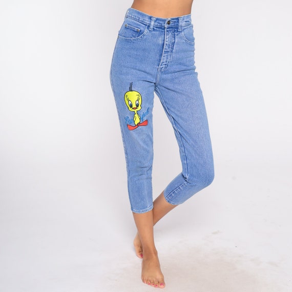 Tweety Bird Jeans 90s Looney Tunes Warner Bros Embroidered Skinny Jeans High Waisted Tapered Leg Denim Pants 1990s Vintage Extra Small xs