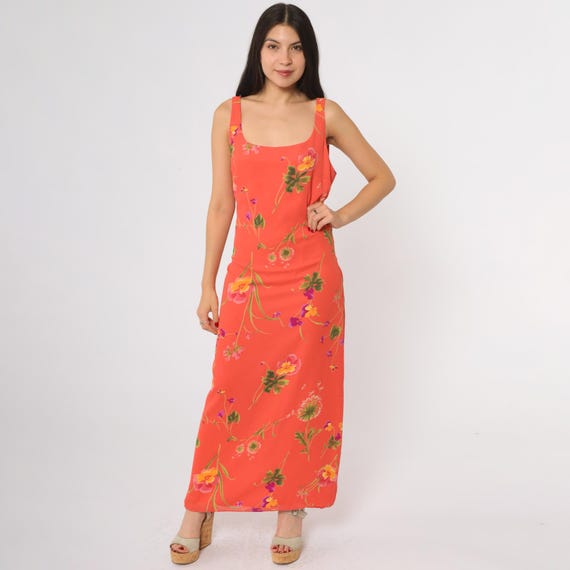 90s Coral Floral Maxi Dress DW3 for David Warren Sleeveless Square Neck Tie Back Long Summer Garden Party Dress Bright Print Size 12 Large