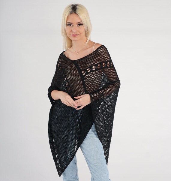 Sheer Crochet Poncho Black Sheer Cape Shawl Boho … - image 5