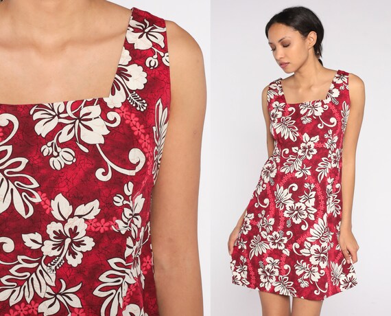Hawaiian Mini Dress 90s Tropical Floral Sun Dress Red Flower Leaf Print Sundress Summer Boho Retro Sleeveless Sheath Vintage 1990s Small S