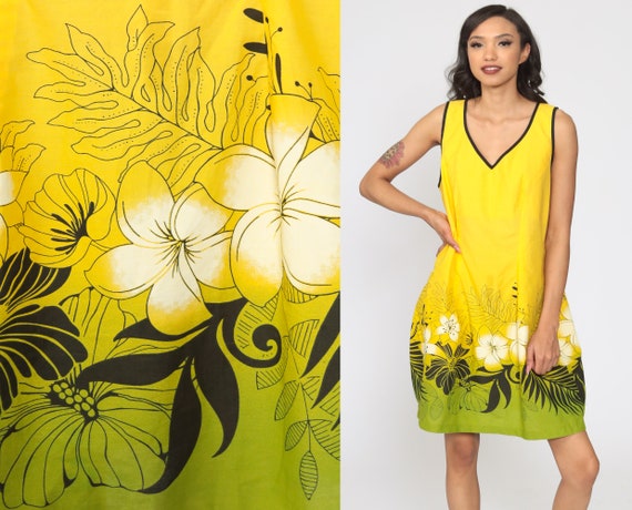 70s Floral Dress Boho Sundress Mini Yellow Sun Dr… - image 1