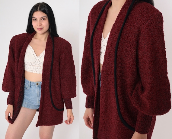 Nubby Wine Cardigan 80s 90s Open Front Knit Sweater Wrap Sweater Retro Plain Knitwear Cozy Longline Acrylic Vintage 1980s Oversized Medium