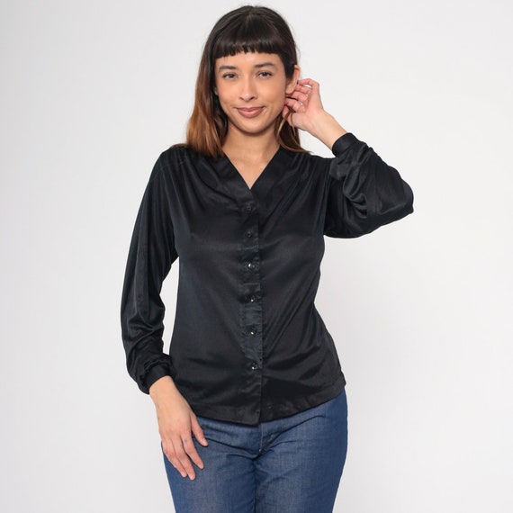 Black Button Up Shirt 70s Disco Blouse Hippie Boho V Neck Shirt 1970s Shirt Vintage Collarless Casual Long Sleeve Small S