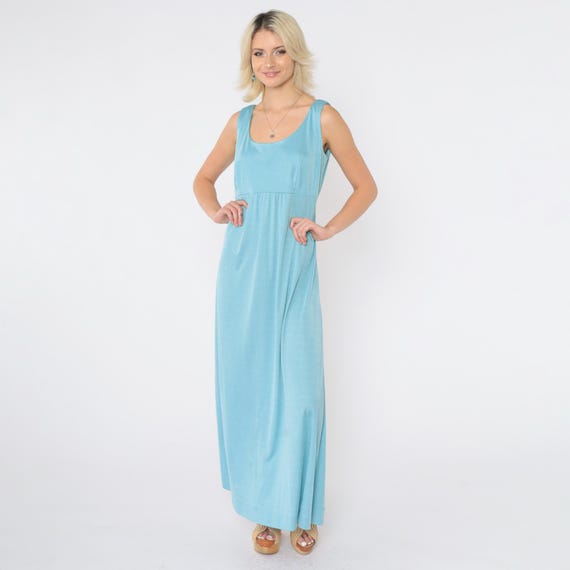 Vintage Long Disco Dress 70s Blue Gown Maxi Boho Scoop Neck Party Dress Prom 1970s Empire Waist Sleeveless Bohemian Medium M