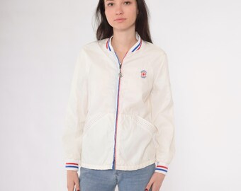 Vintage Nautical Windbreaker Jacket 70s 80s White Zip Up Weather Tamer Track Jacket Sailor Retro Sporty Striped Ringer Plain 1970s Small S