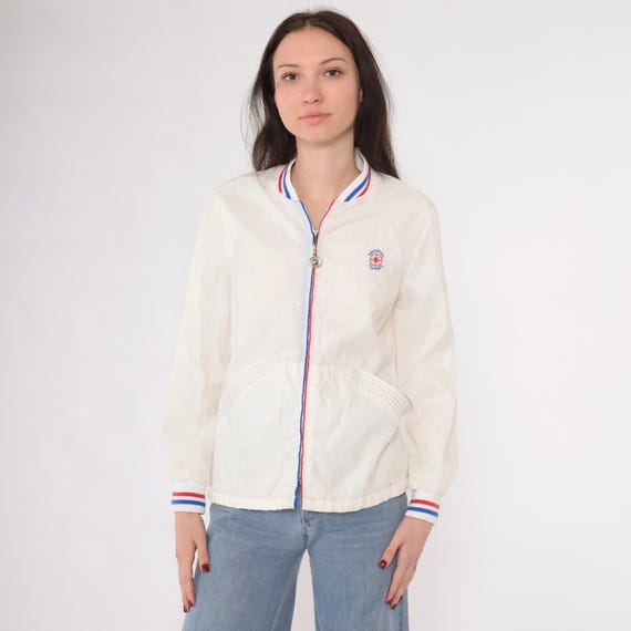 Vintage Nautical Windbreaker Jacket 70s 80s White Zip Up Weather Tamer Track Jacket Sailor Retro Sporty Striped Ringer Plain 1970s Small S