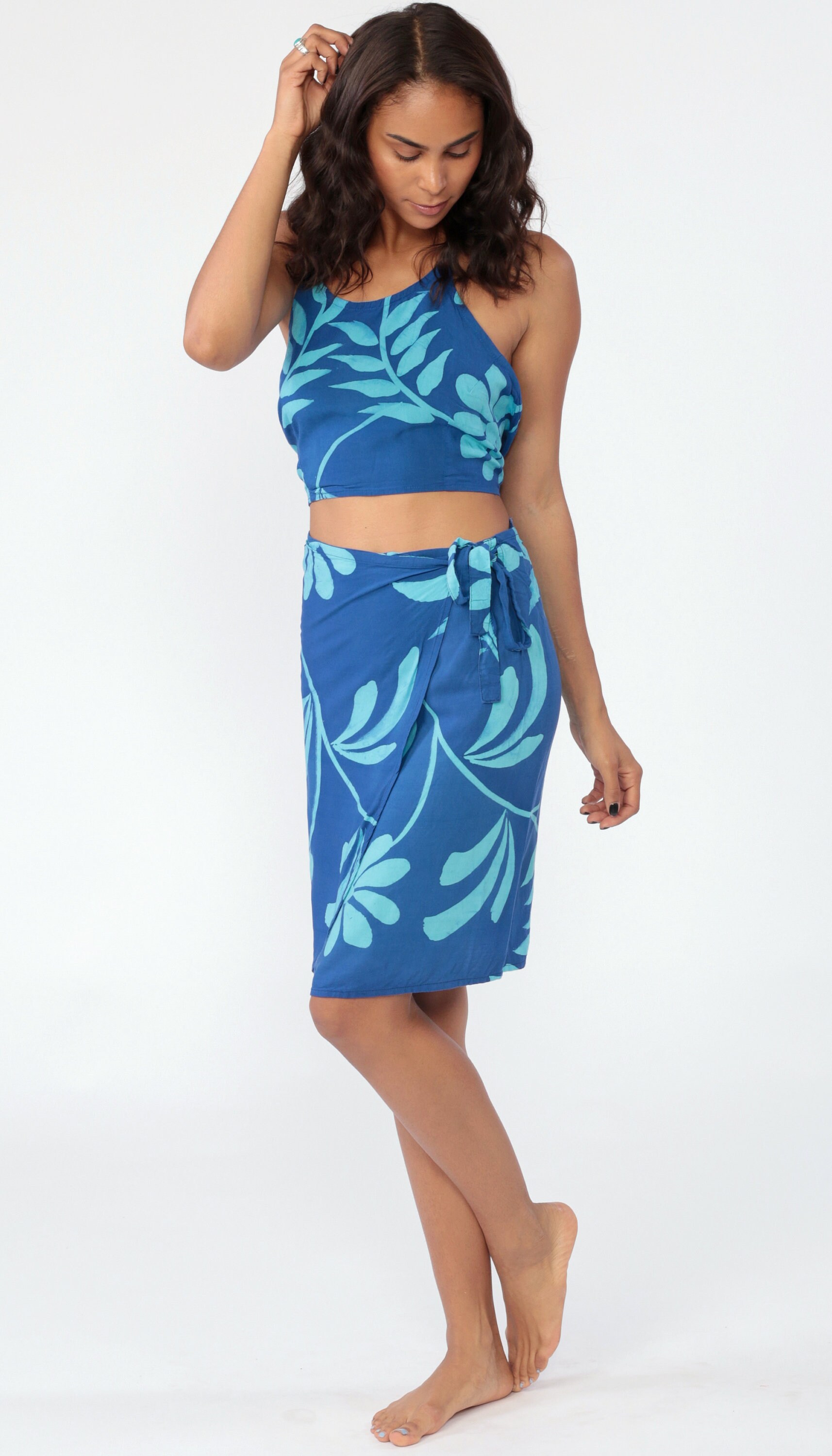 Hawaiian Two Piece Dress 90s Mini Crop Top and Skirt Set Floral Outfit Tropical Beach 1990s Wrap 