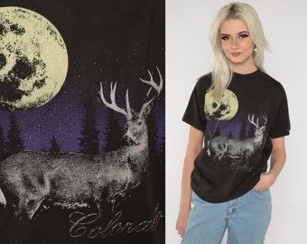 Colorado Elk Shirt 80s 90s Animal T Shirt Full Moon Graphic TShirt Black Retro USA Tourist Southwestern Screen Print CO Tee 1990s Medium M