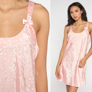 Baby Pink Slip Dress 90s Floral Embossed Lingerie Nightgown Mini Dress Bows Sleeveless 1990s Sexy Nightie Retro Vintage Boho Medium