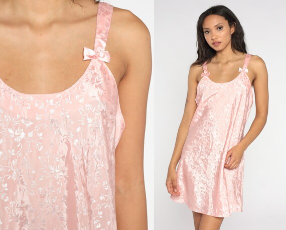 Baby Pink Slip Dress 90s Floral Embossed Lingerie Nightgown Mini Dress Bows Sleeveless 1990s Sexy Nightie Retro Vintage Boho Medium
