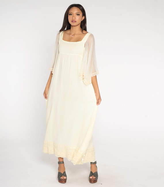 70s Boho Maxi Dress Angel Sleeve Empire Waist Cre… - image 3