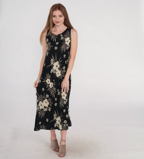 Black Floral Dress 90s Tropical Midi Dress Summer Sundress Hibiscus Flower Print Leaf Day Sun Bohemian Sleeveless Vintage 1990s Small S