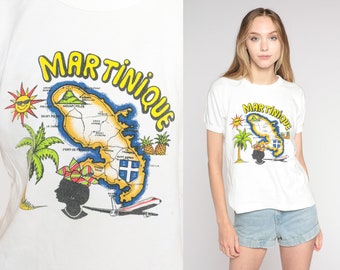 Martinique Shirt 80s 90s French Caribbean Islands T Shirt Tropical Palm Tree Sun Map Graphic Tee Tourist Single Stitch White Vintage Small S