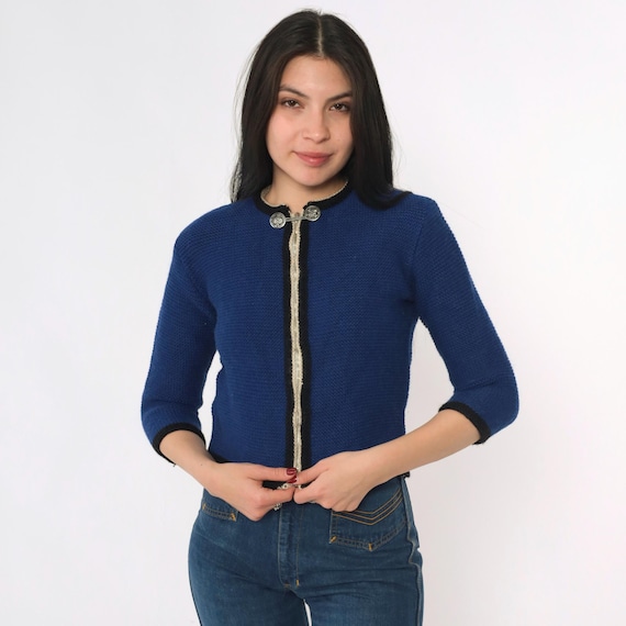 Vintage Blue Wool Cardigan 60s Ski Sweater Coin Zip Up Knit Austrian Style Folk West Germany 1960s Cropped Sweater Extra Small xs