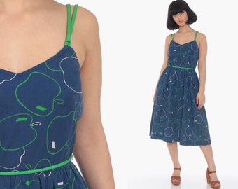 Apple Sun Dress 70s Midi Novelty Fruit Print Summer Sundress Boho Vintage Bohemian Sun Spaghetti Strap Kawaii High Waist Blue Extra Small xs