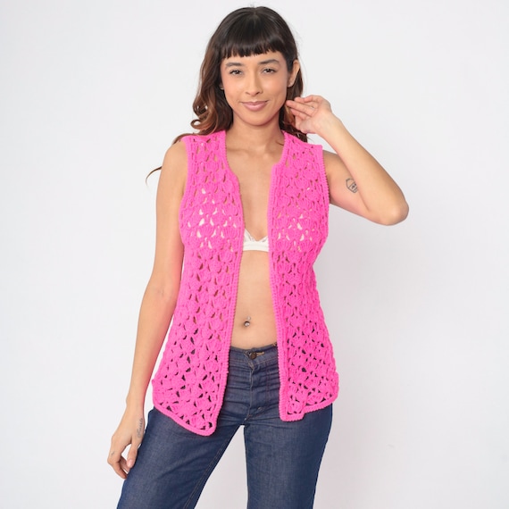 70s Crochet Vest Hot Pink Knit Top 70s Hippie Boho Vest Open Weave Sheer 1970s Vintage Bohemian Sleeveless Sweater Small Medium