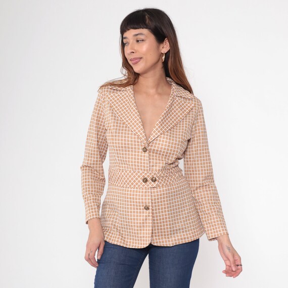 Tan Checkered Blazer Jacket 70s Jacket Button Up 1970s Mod Windowpane Check Jacket Vintage Retro Tailored Preppy Small S