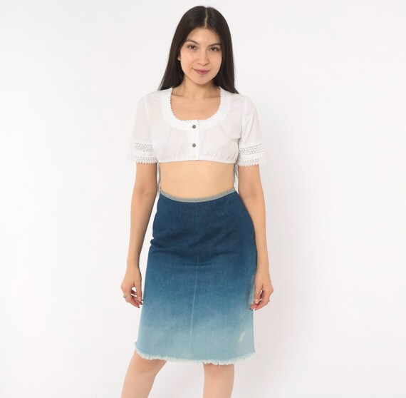 Y2K Distressed Ombre Denim Pencil Skirt Frayed Hem Gradient Blue Cotton Jean Faded Wash Fitted Sky Indigo Bleached Y2K Skirt Extra Small XS