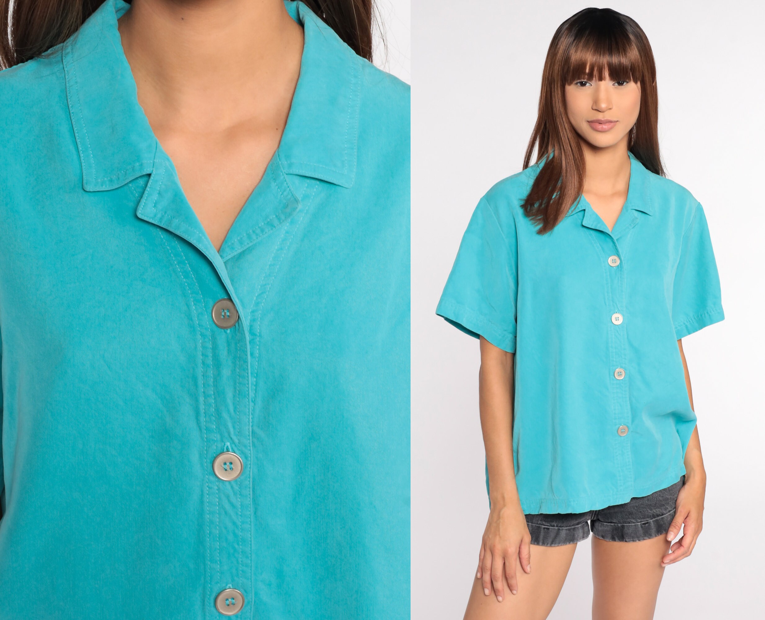 Turquoise Blue Shirt Vintage 80s Button 