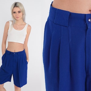 Blue Trouser Shorts 80s Pleated Mom Shorts High Waisted Knee Length Summer Bottoms Retro Indigo Plain Preppy Vintage 1980s Medium 28 30