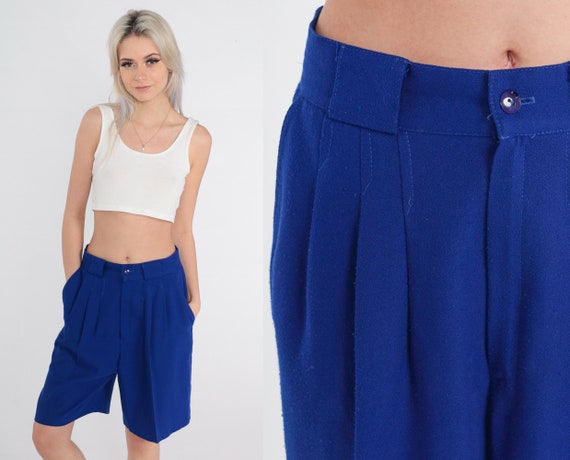 Blue Trouser Shorts 80s Pleated Mom Shorts High Waisted Knee Length Summer Bottoms Retro Indigo Plain Preppy Vintage 1980s Medium 28 30